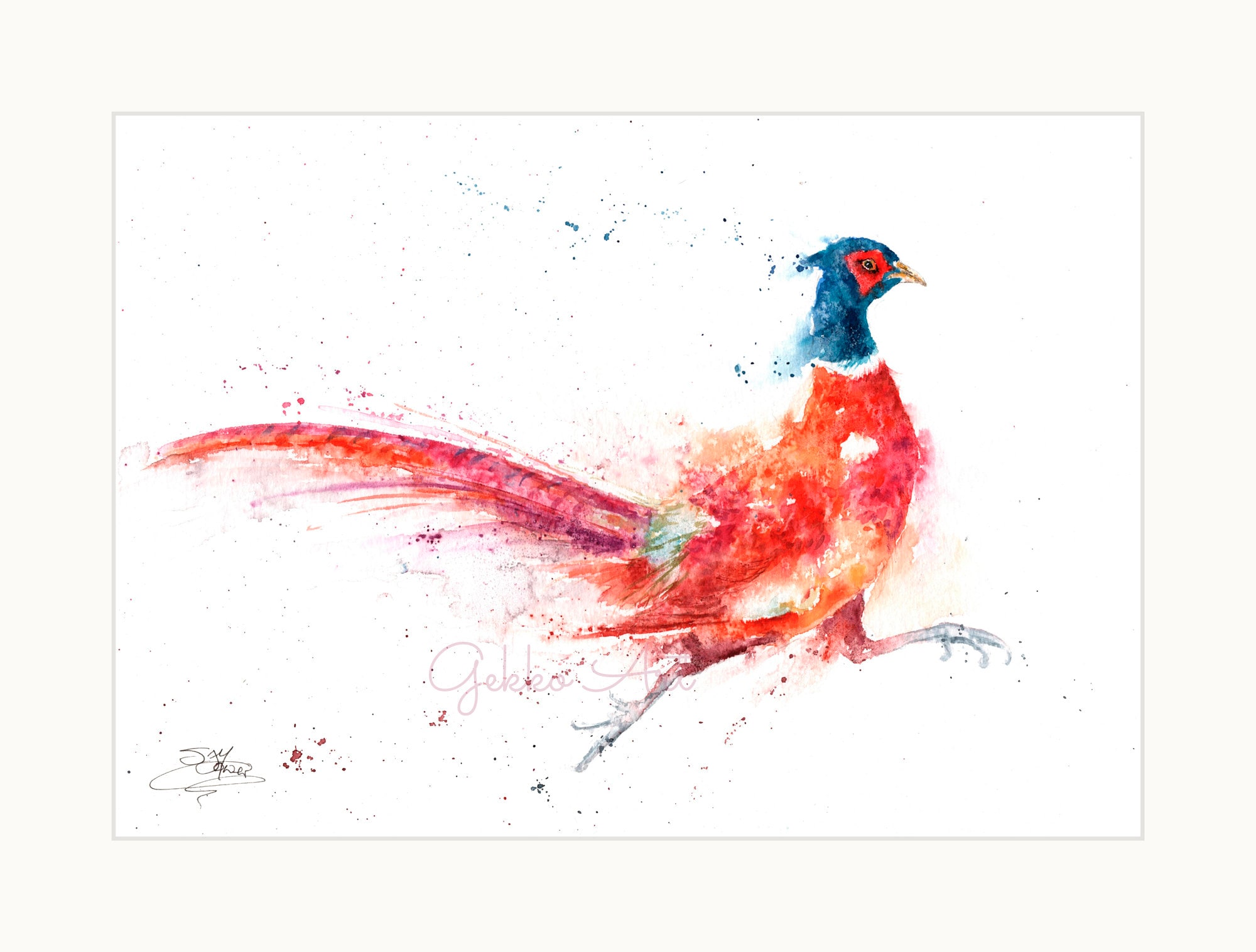 キジのプリント、水彩画のアートプリント、飛んでいるキジの絵、野生