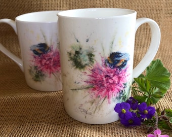 Bee Nice Watercolour Bone China Mug,  10oz, 14oz China Cup, Gift, Kitchenware, Wildlife Art Mug by Watercolour Artist Sandi Mower