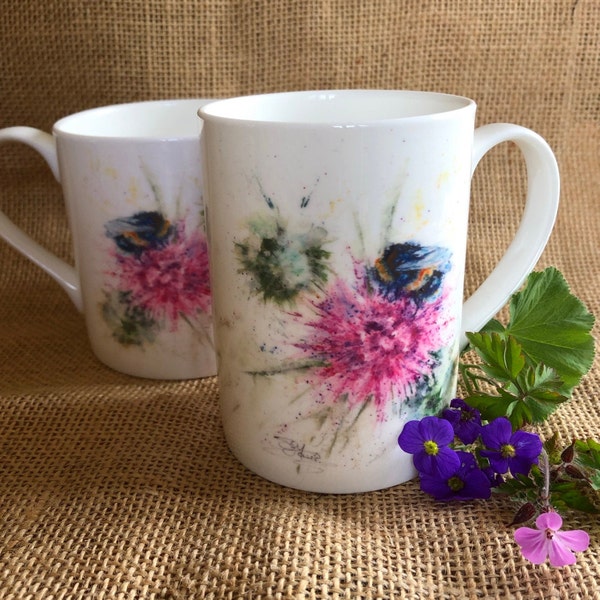 Bee Nice Watercolour Bone China Mug,  10oz, 14oz China Cup, Gift, Kitchenware, Wildlife Art Mug by Watercolour Artist Sandi Mower