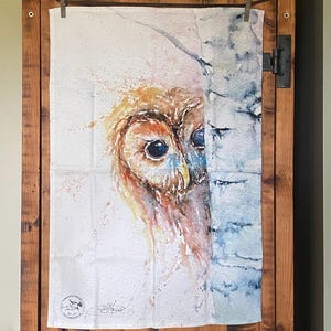Tawny Owl Tea Towel, Wildlife Art Tea Towel, 100% Cotton, Homeware, Textiles,Watercolours by Sandi Mower, Gekko Art