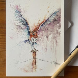 De rustpost, kerkuilkaart, uilwenskaart, natuurkunst, notitiekaart, kunstkaart, verjaardagskaart, blanco kaart, aquarel, afdrukken