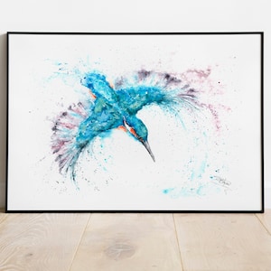 Kingfisher Bluemotion Limited Edition Print, Kingfisher Giclee Art Print, Signed Watercolour Painting by Wildlife Artist Sandi Mower