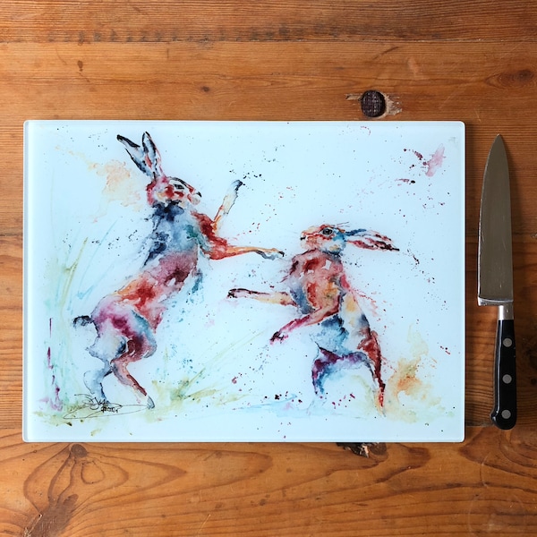 Boxing Hares Glass Chopping Board, Kitchen Worktop Saver, Table Mat, Cutting Mat. Watercolours By Wildlife Artist Sandi Mower