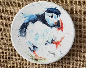 Puffin Billy Ceramic Coaster with Cork Base, With a Watercolour Painting by Wildlife Artist Sandi Mower