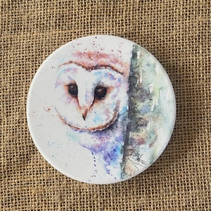 May include: A white ceramic plate with a watercolor painting of a barn owl with a colorful background. The owl is looking directly at the viewer.