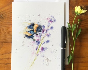 Just Bee Card, Bumblebee Greetings Card, Wildlife Art Card, Birthday Card, Blank Card, Watercolours by Wildlife Artist Sandi Mower