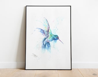 Broad-Billed Hummingbird print, Watercolour art print, Hummingbird watercolour painting by Wildlife Artist Sandi Mower