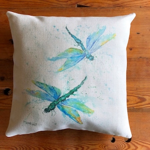 Dragonflies Blue Cushion Cover, Wildlife Art Cushion, Dragonfly Watercolour Textile Print, Linen look, Pillow 16inch