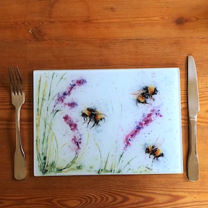 Bees & Lavender Glass Placemat, Wildlife Design Table Mat, Glass Trivet, Hot Plate, Watercolours by Wildlife Artist Sandi Mower