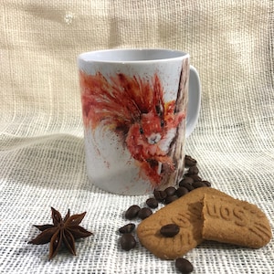 Red Squirrel Watercolour Ceramic 11oz Mug, Wildlife Art Mug by Watercolour Artist Sandi Mower