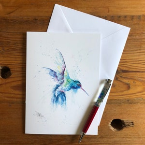 Biglietto di colibrì a becco largo, Acquerello colibrì, Biglietto di auguri, Biglietto di appunti, Biglietto di arte della fauna selvatica, Biglietto di compleanno vuoto