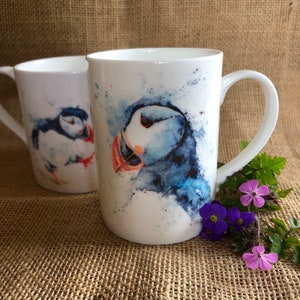Puffins Watercolour Bone China Mug, China Cup, Gift, Wildlife Art Mug by Watercolour Artist Sandi Mower