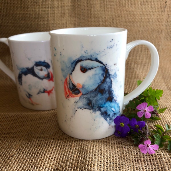 Puffins Watercolour Bone China Mug, China Cup, Gift, Wildlife Art Mug by Watercolour Artist Sandi Mower