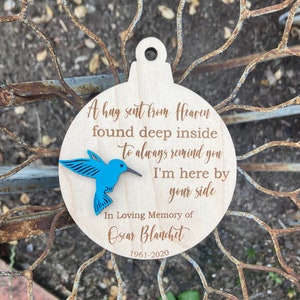 Christmas ornament, A hug sent from heaven with name. Memorial ornament, hummingbird ornament
