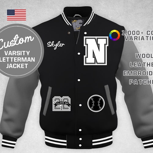 Custom Varsity Letterman Baseball Jacket Gray Leather & Black - Etsy