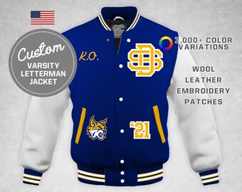 Custom High School Varsity Letter Jacket Cream Leather & Midnight Blue Wool  Hood Personalized Patches Premium Lettercustom® Handmade 