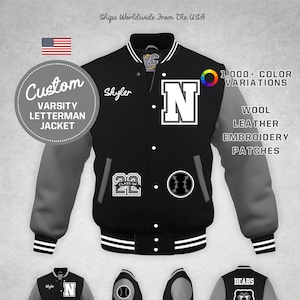 Custom Varsity Letterman Baseball Jacket Gray Leather & Black Wool High School Chenille Patches Mascot Premium LetterCustom® Handmade image 1