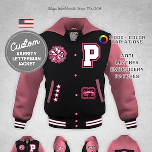 Custom Varsity Letter Drill Team Cheer Jacket Pink Genuine Leather & Black Wool with Scalloped Zipper Hood Premium LetterCustom® Handmade image 1