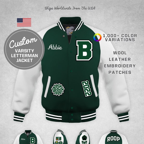 Custom Varsity Cheerleader Jacket White Leather & Hunter Green Wool Premium Authentic LetterCustom® Handmade