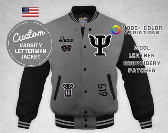 Custom Fraternity Sorority Psi Letter Jacket Black Leather & Oxford Gray Wool Premium Authentic LetterCustom® Handmade