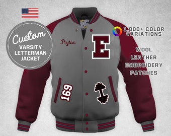 Custom Varsity Letterman Weightlifting Football Jacket Magenta Leather & Gray Wool Raglan Sleeves Premium Authentic LetterCustom® Handmade