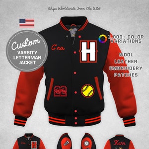 Custom Girls Varsity Softball Jacket Red Leather & Black Wool Premium ...