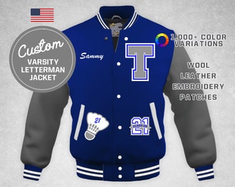 Custom High School Varsity Letter Jacket Cream Leather & Midnight Blue Wool  Hood Personalized Patches Premium Lettercustom® Handmade 