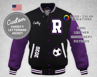 Custom Varsity Letterman Soccer Jacket High School Graduation Purple Leather & Black Wool LetterCustom® Handmade