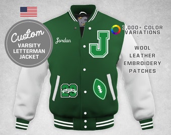 Custom Varsity Letterman Football Sports Jacket White Leather & Bright Kelly Green Wool Grad Year Lettering Premium LetterCustom® Handmade