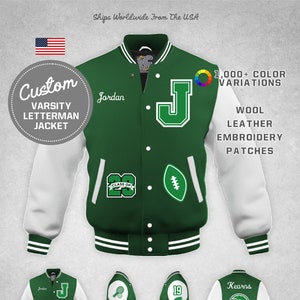 Custom Varsity Letterman Football Sports Jacket White Leather & Bright Kelly Green Wool Grad Year Lettering Premium LetterCustom® Handmade