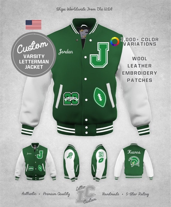 Custom Varsity Letterman Football Sports Jacket White Leather & Bright  Kelly Green Wool Grad Year Lettering Premium Lettercustom® Handmade 