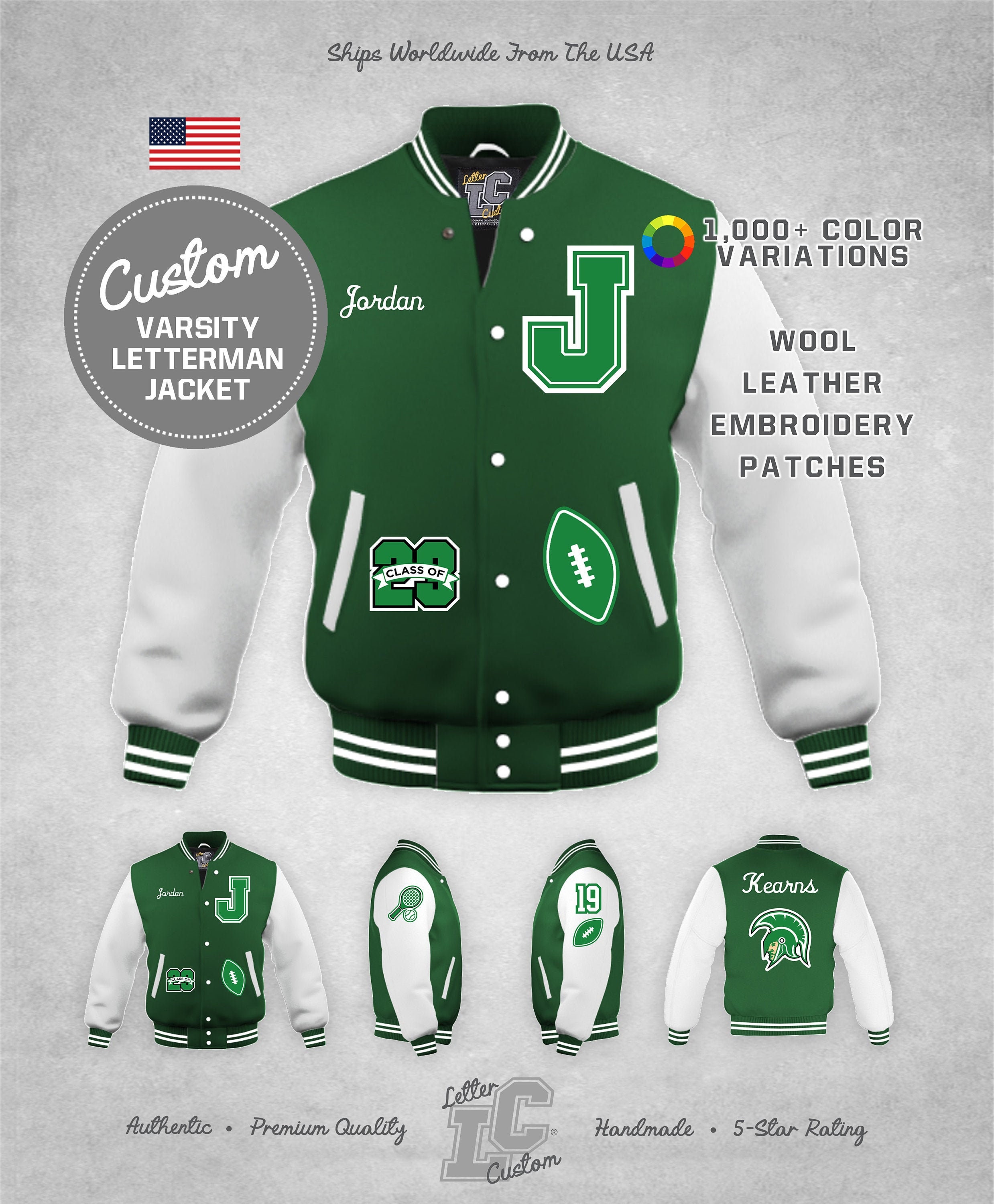 Varsity All Satin Letterman Dark Green Jacket in White Trimming