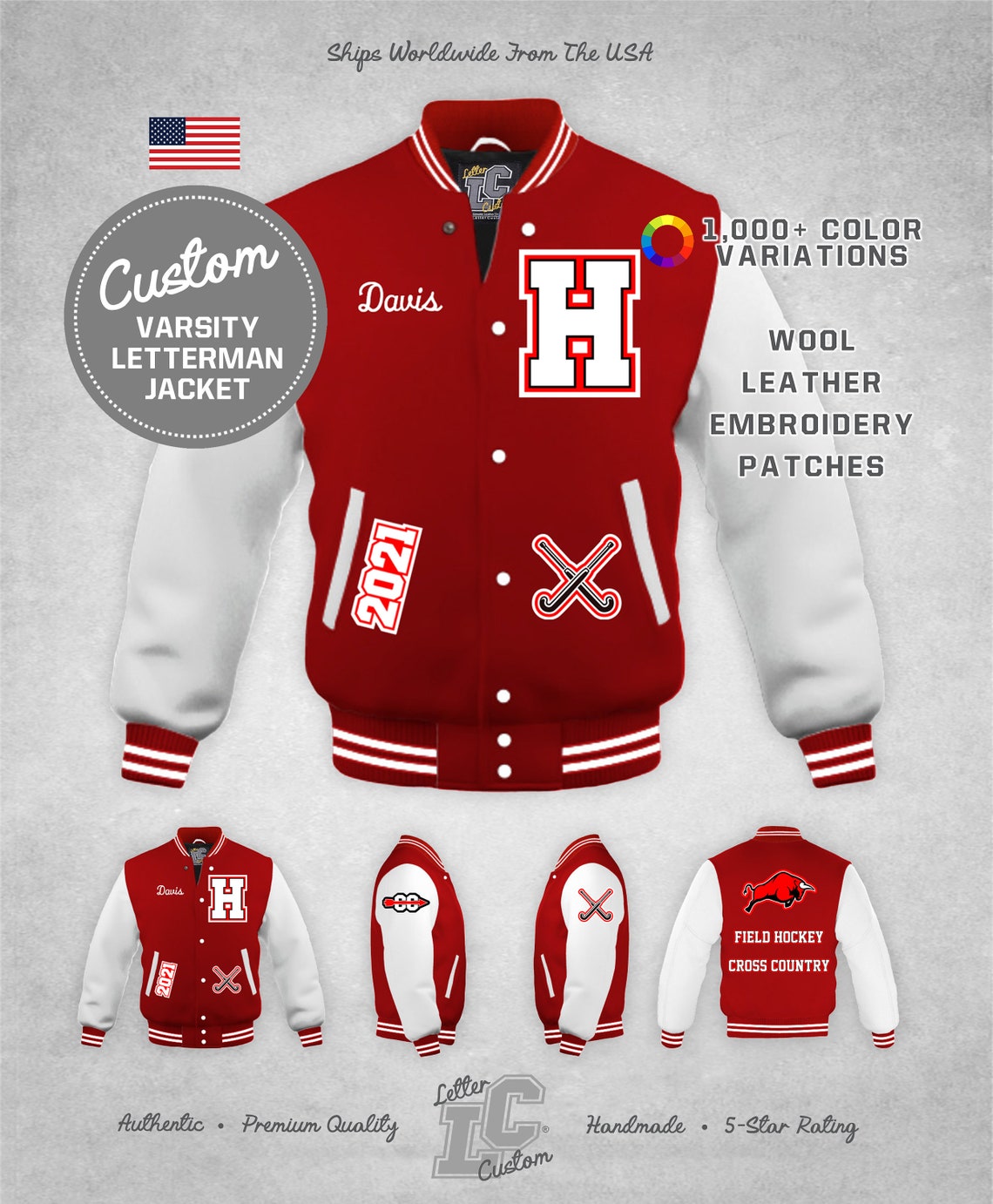 Custom Field Hockey Varsity Jacket White Leather & Bright Red | Etsy