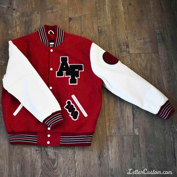 SCARLET Red Wool HOOD Varsity Letterman Bomber Jacket* White Pure Leather Sleeve
