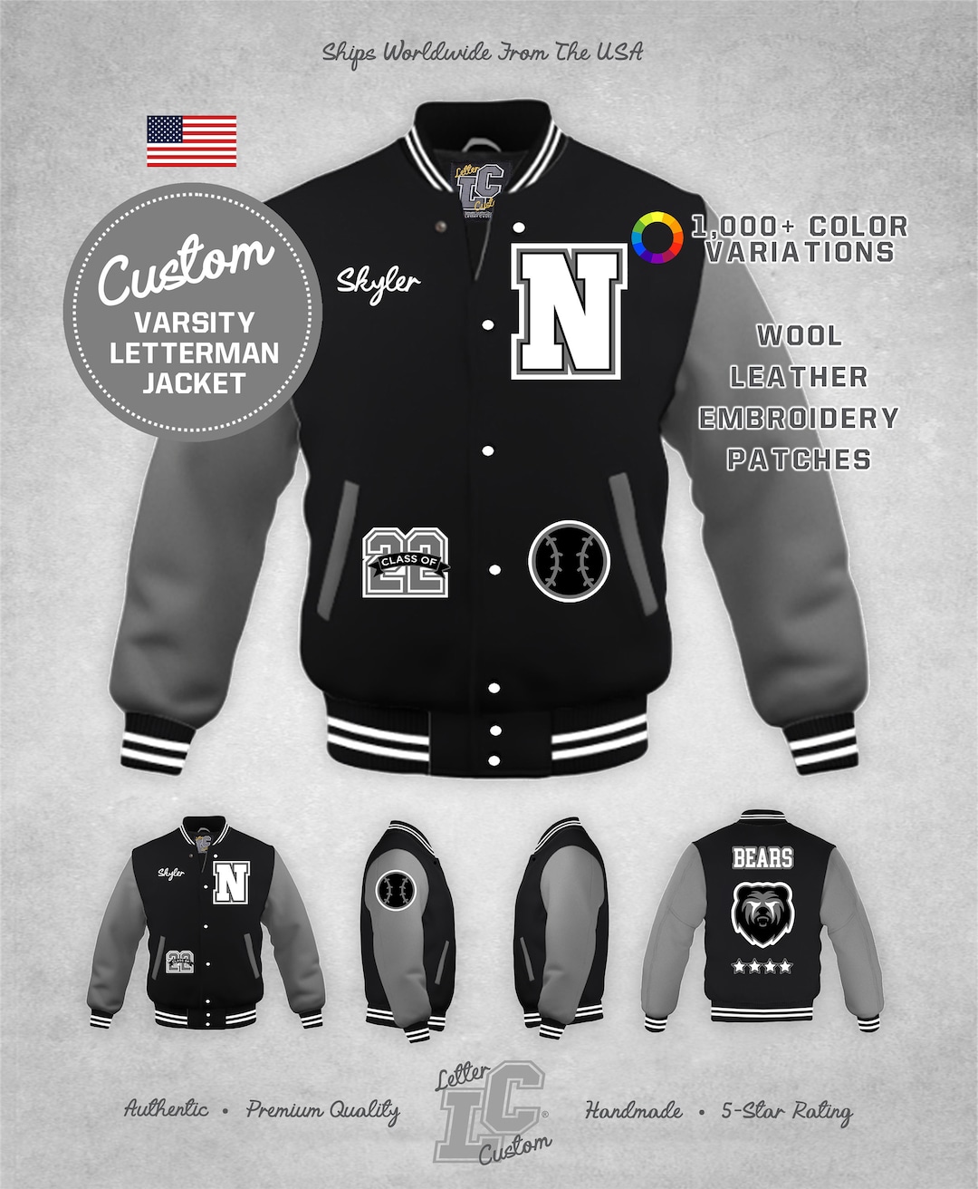 Custom Varsity Letterman Baseball Jacket Gray Leather & Black Wool High ...