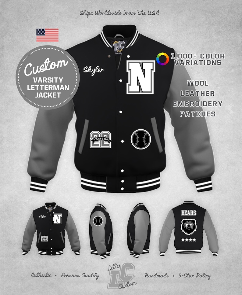 Custom Varsity Letterman Baseball Jacket Gray Leather & Black Wool High School Chenille Patches Mascot Premium LetterCustom® Handmade image 1