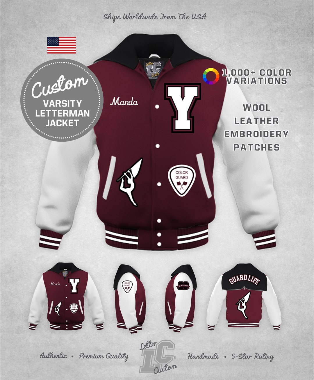 Color Guard Custom Varsity Jacket White Leather & Maroon Wool Zip Hood ...