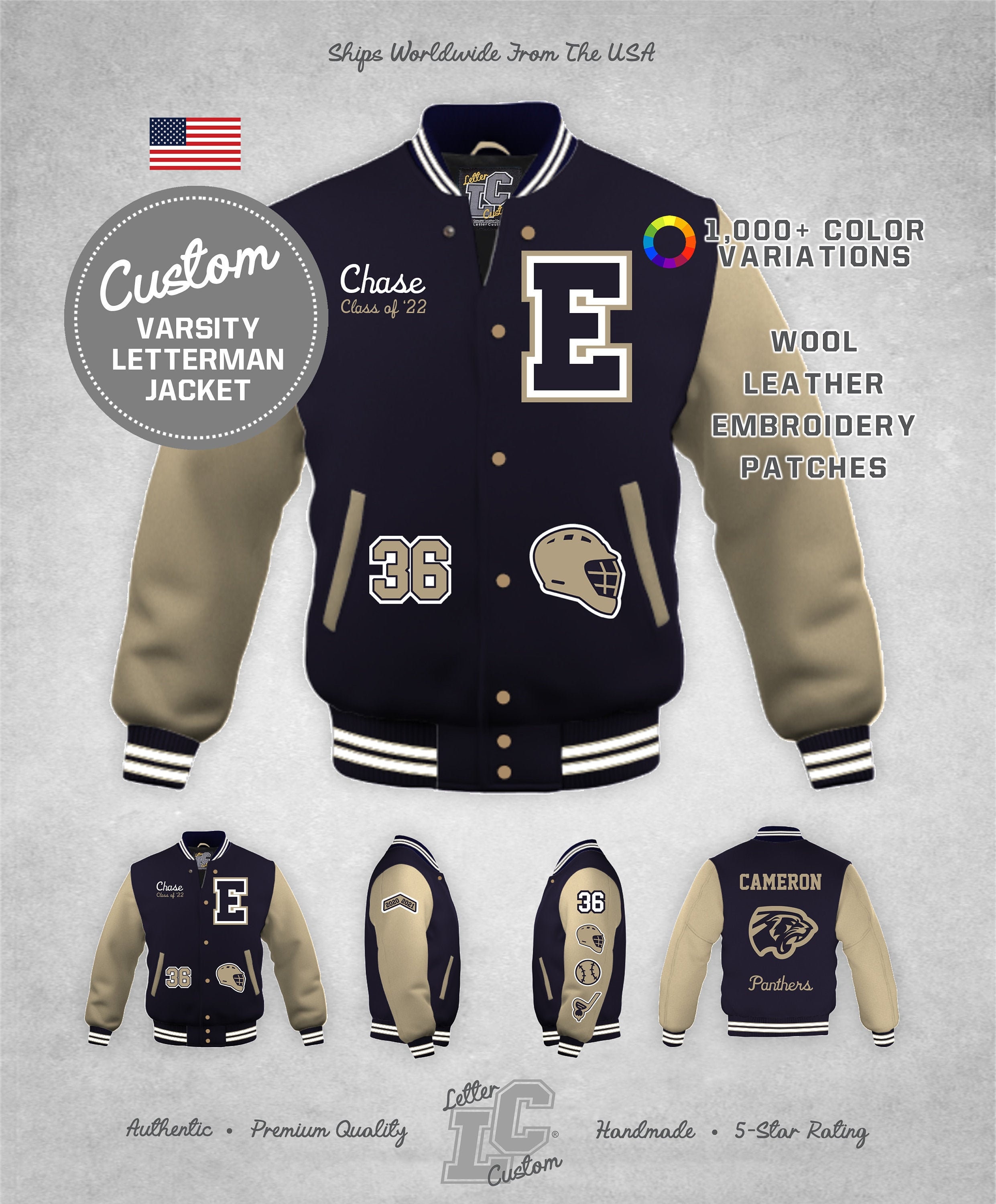 Custom Varsity Letterman Lacrosse School Jacket Cream Leather & Midnight  Blue Navy Wool Premium Lettercustom® Handmade 