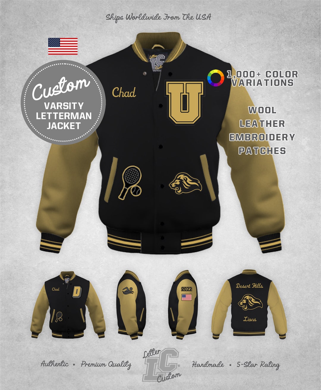 Custom Varsity Letterman Tennis Jacket Vegas Gold Leather & Black Wool ...