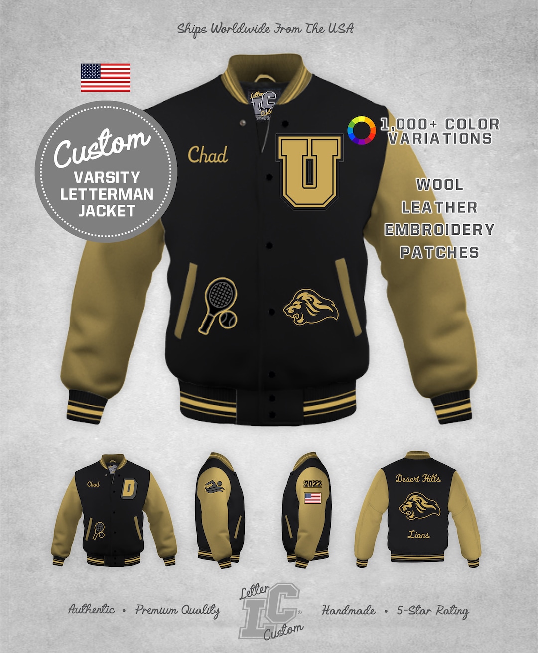 Custom Varsity Letterman Tennis Jacket Vegas Gold Leather & Black Wool
