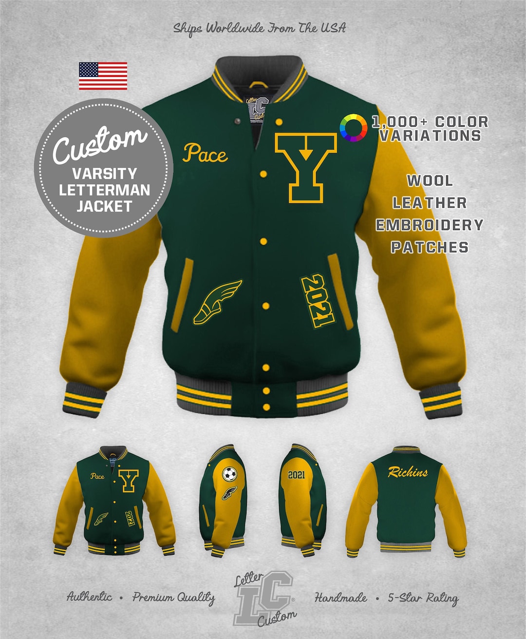 Varsity Jacket Baseball Letterman Bomber School Collage Light Grey Wool and  Genuine Green Leather Sleeves at  Men’s Clothing store