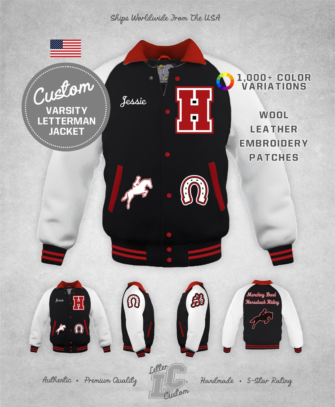 Custom Varsity Letterman Horseback Riding Jacket White Leather & Black ...