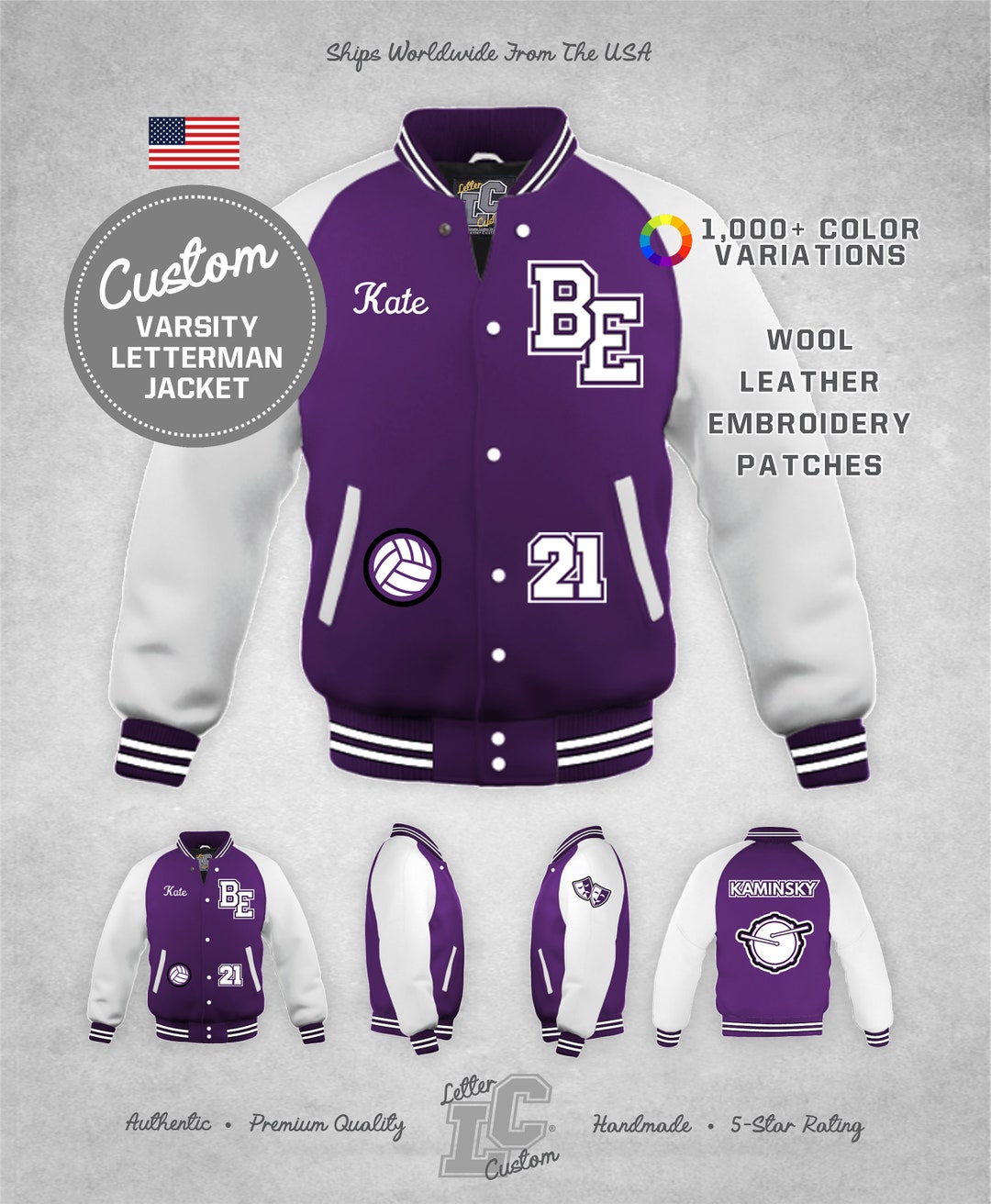 White Leather & Violet Purple Gold Wool Varsity Letter Jacket -  LetterCustom® Custom Varsity Apparel