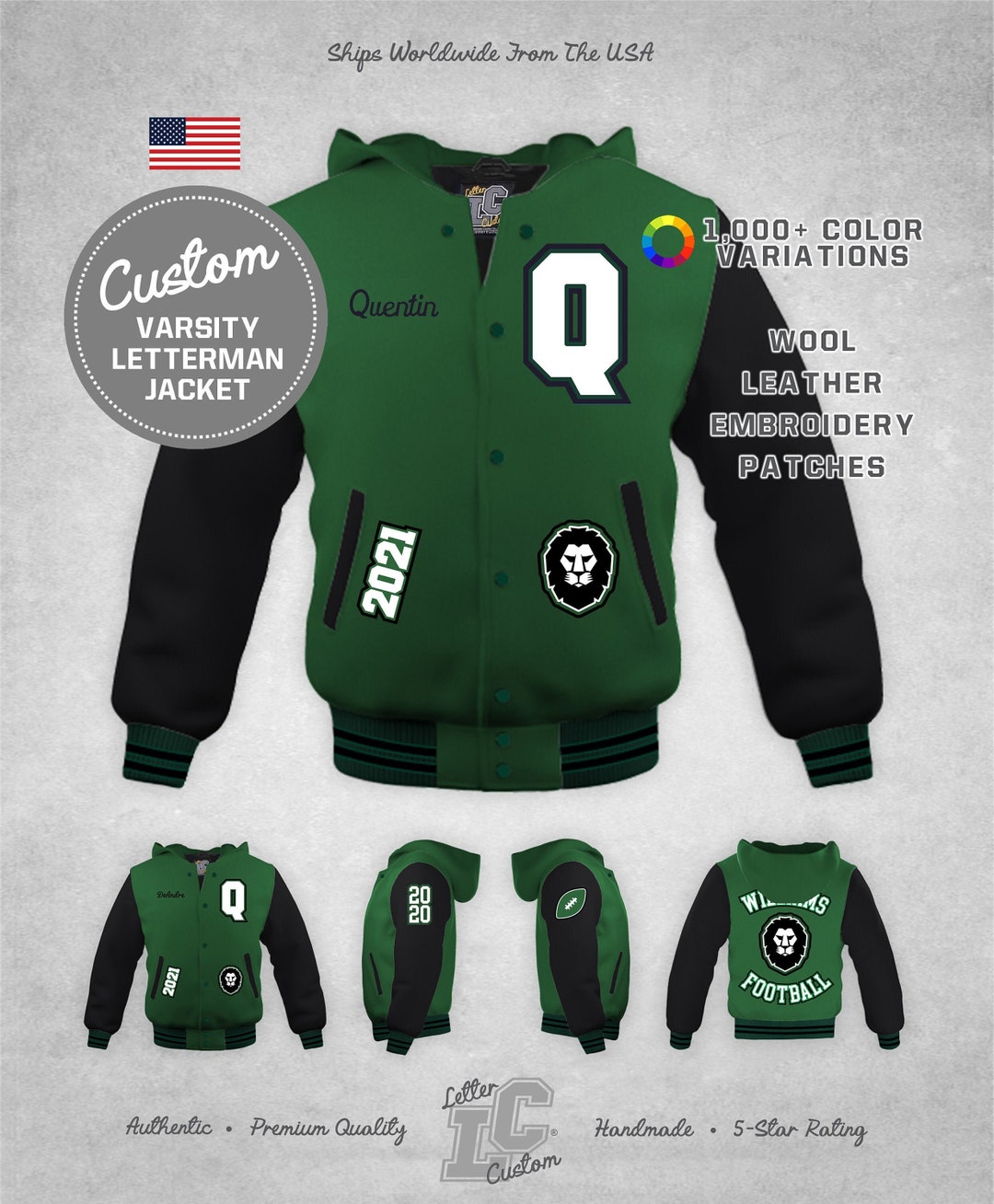 Custom Varsity Letterman Football Jacket Black Leather & Kelly - Etsy