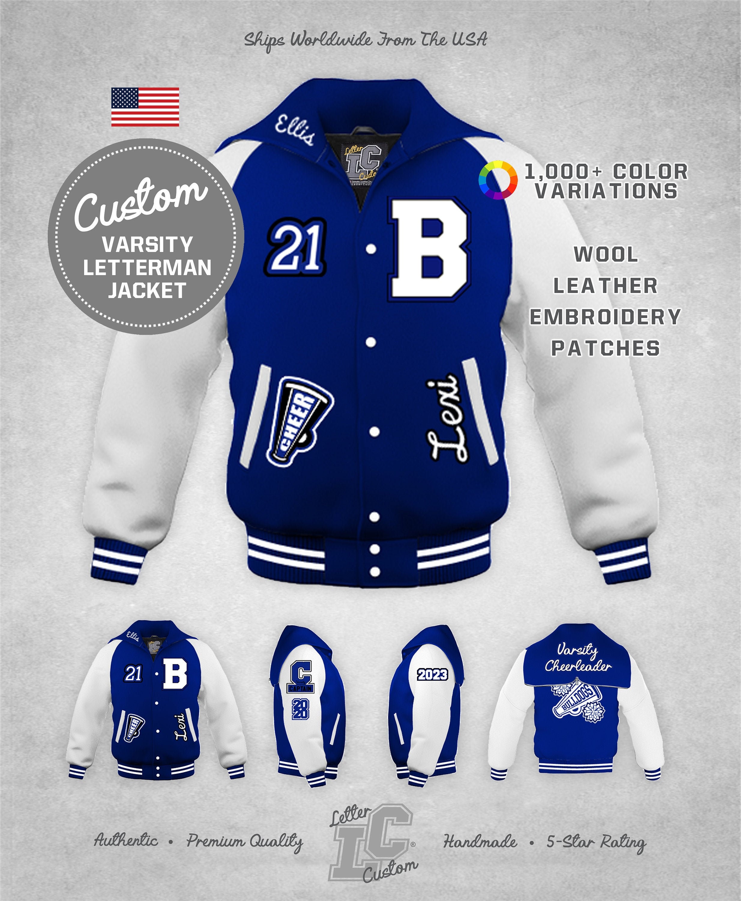 Custom Varsity Cheerleader Competitive Spirit Jacket Leather & Wool Zipper  Hood With HS Chenille Patches Premium Lettercustom® Handmade 