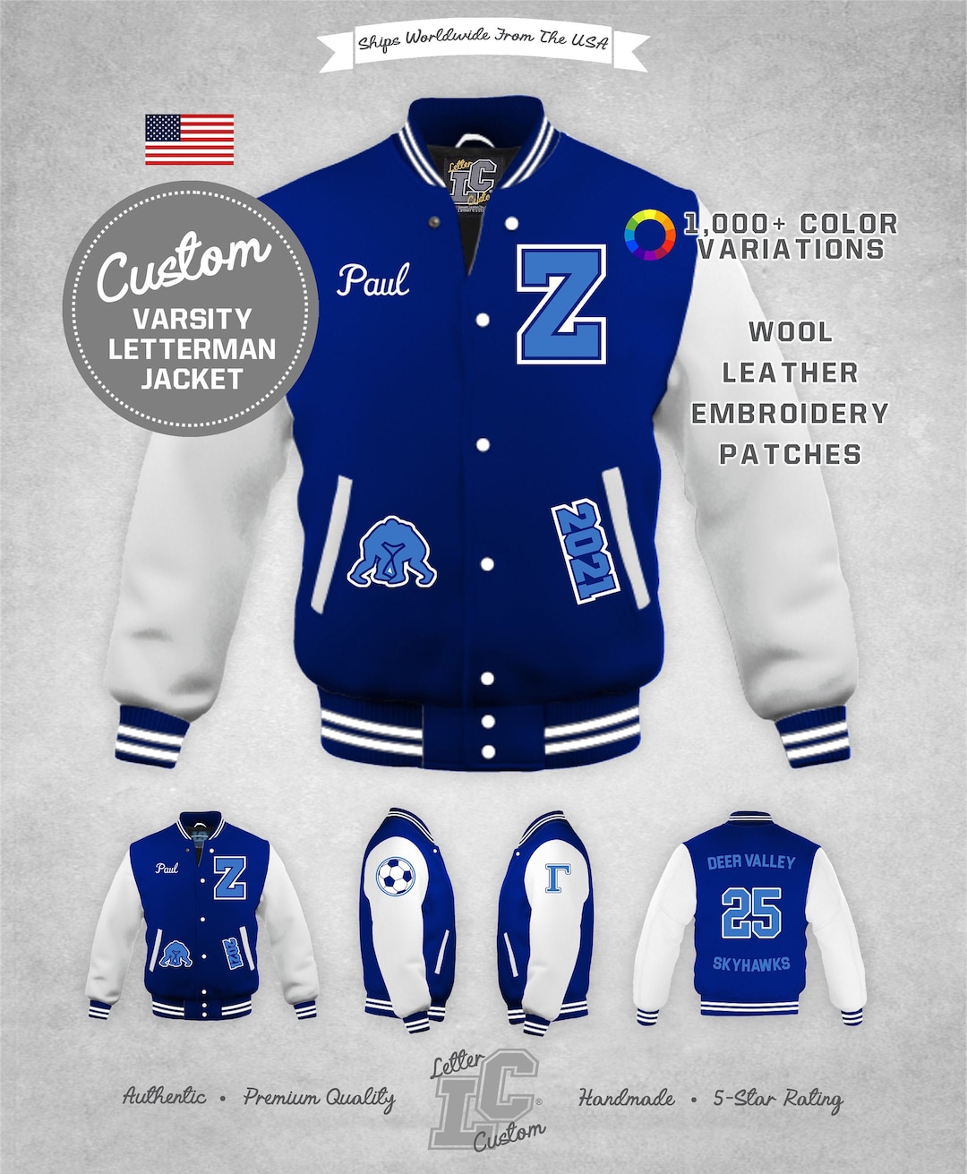 Custom Varsity Letterman Wrestling Jacket White Leather & Royal Blue ...