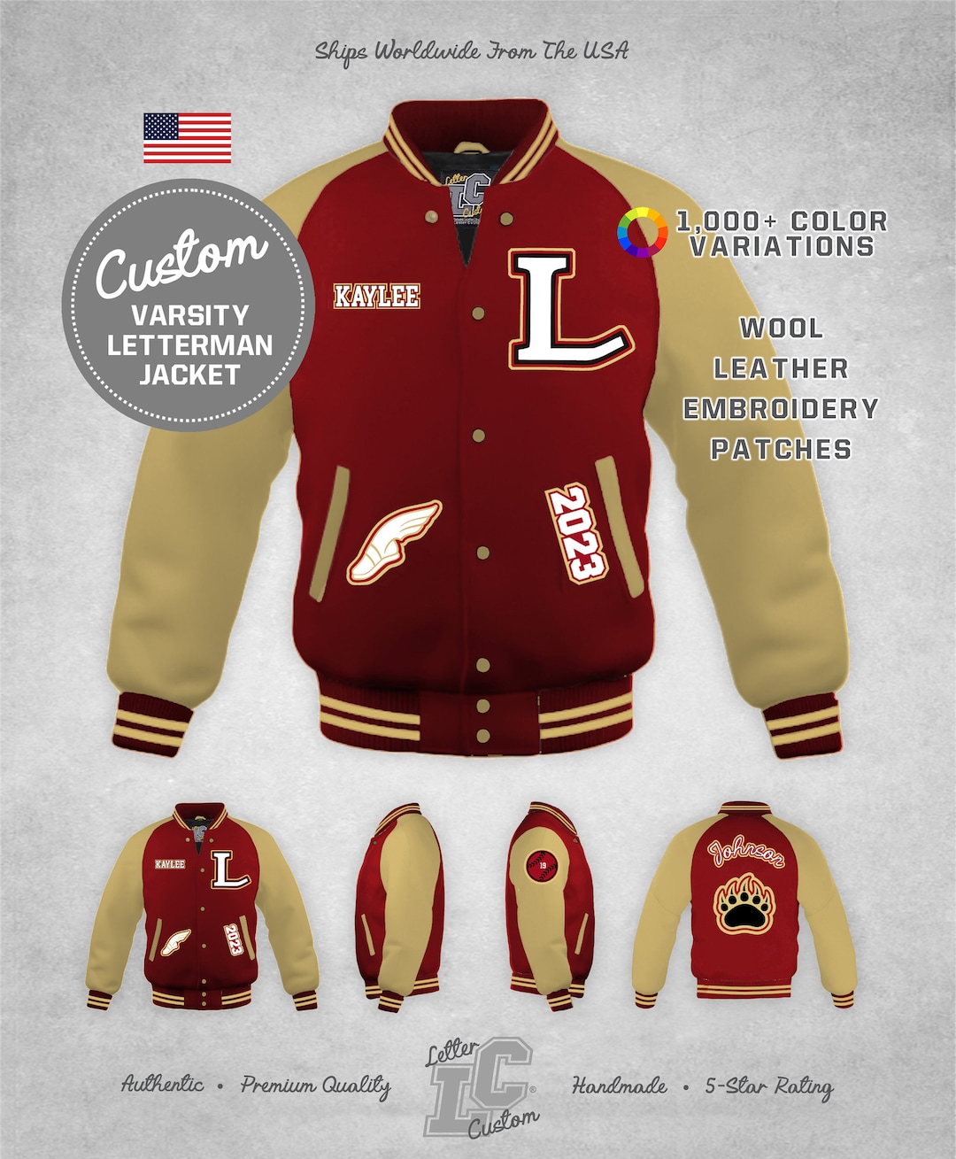 Custom Varsity Track & Field Jacket Vegas Gold Leather Cardinal Red Wool  Logan High School Premium Authentic Lettercustom® Handmade 