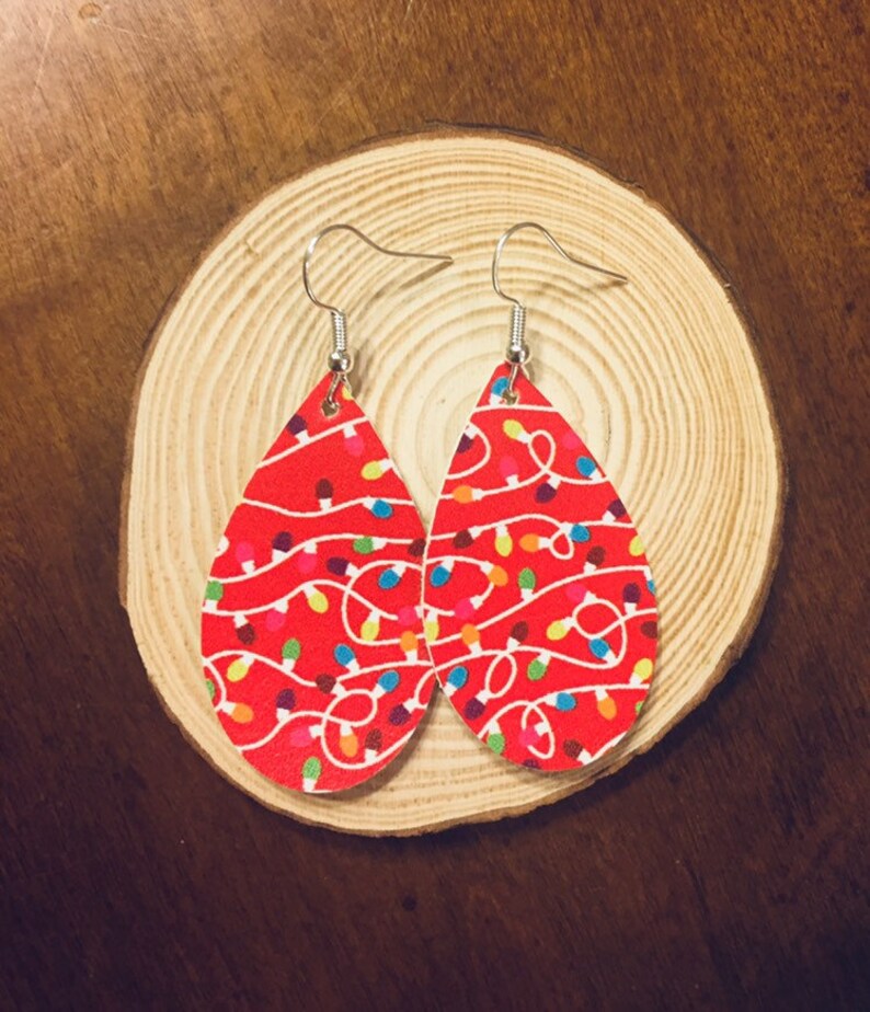 Petite Christmas Lights on Red Background Faux Leather Teardrop Earrings
