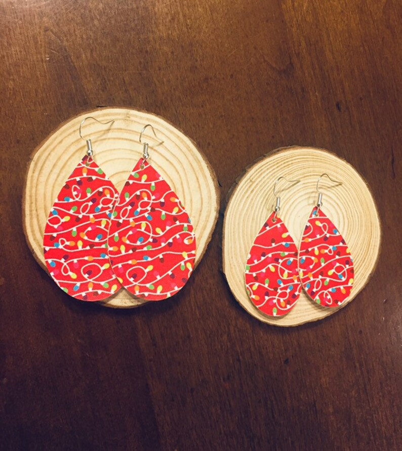 Petite Christmas Lights on Red Background Faux Leather Teardrop Earrings