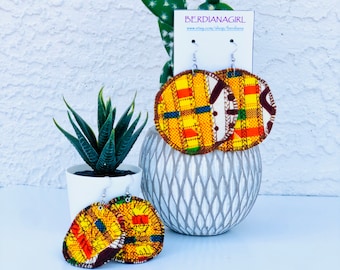Reversible Fabric Disc Earrings: Quilted Embroidery Dangle Earrings